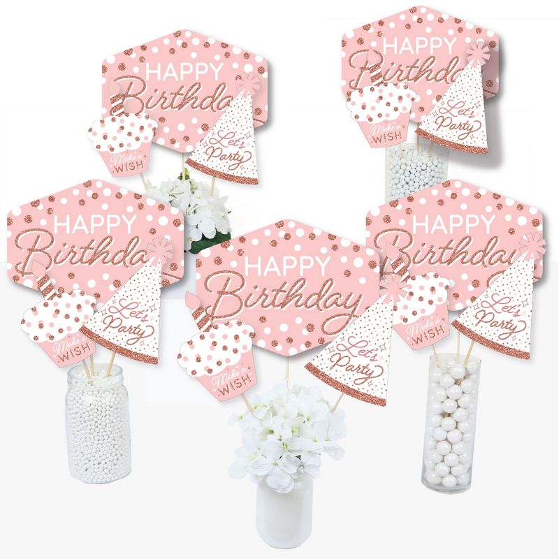 Big Dot of Happiness Pink Rose Gold Birthday - Happy Birthday Party Centerpiece Sticks - Table Toppers - Set of 15, 2 of 8