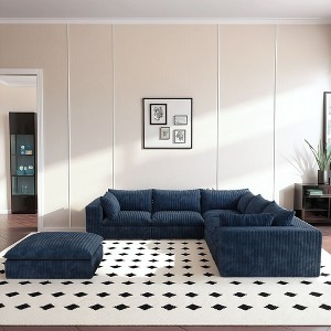 GDFStudio Hawthorne Modern 118.2" Corduroy Fabric and Feather-filled Upholstered 6-Seater Sectional Sofa with Ottoman, Navy Blue - 1 of 4
