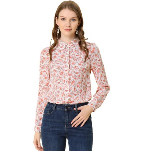 Allegra K Women's Point Collar Long Sleeve Button Down Floral