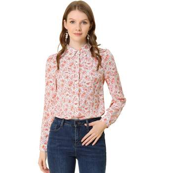 Allegra K Women's Daily Point Collar Long Button Sleeve Button Down Floral Shirt