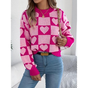 Women Checkered Holiday Oversized Sweater Cute Plaid Print Crewneck Sweatshirt Knit Puff Sleeve Chunky Jumpers - 1 of 4