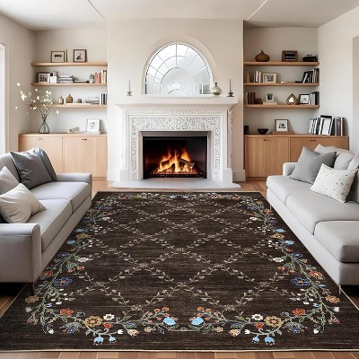Large Living Room Rug Washable Modern Floral Accent Carpet with Non-Slip Backing, Ultra-Soft Low Pile Floor Cover for Dining Room