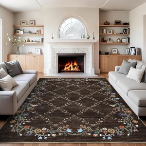 Large Living Room Rug Washable Modern Floral Accent Carpet with Non-Slip Backing, Ultra-Soft Low Pile Floor Cover for Dining Room - 1 of 4