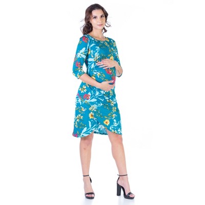 24seven Comfort Apparel Floral Maternity Elbow Sleeve Ruched Knee Length Dress