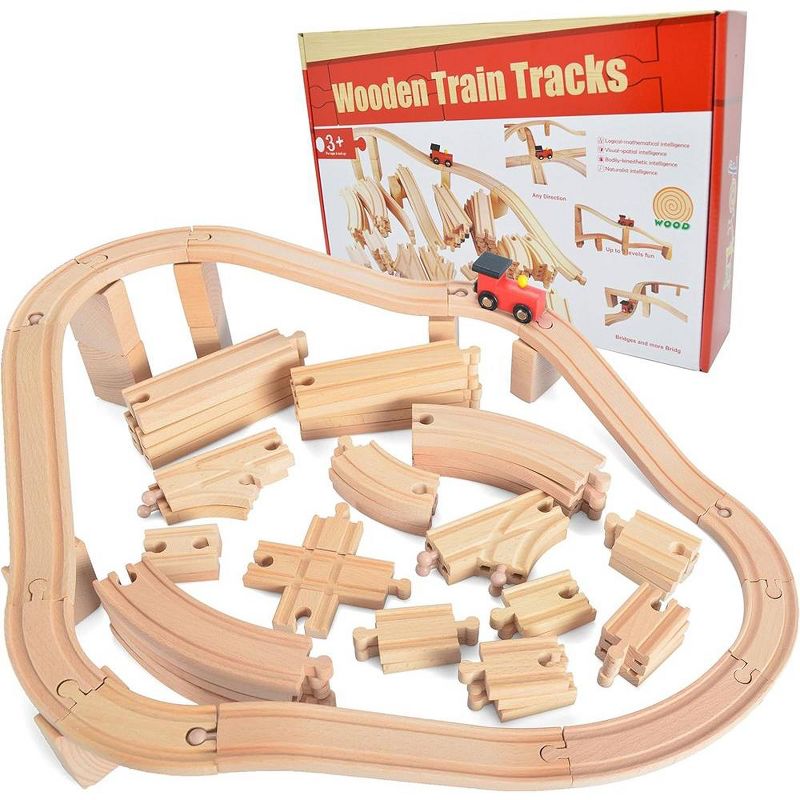 Syncfun 62Pcs Wooden Train Track Set Including 1 Thomas Magnetic Toy Train, Wooden Railway Set Party Favor Gifts for Boys Girls, 1 of 8