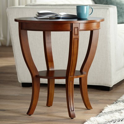 Vintage Cherry Wood Round Accent Side Table with Lower Shelf