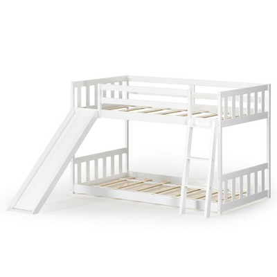 Costway Twin over Twin Bunk Wooden Low Bed with Slide Ladder for Kids