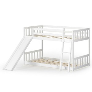 Costway Twin over Twin Bunk Wooden Low Bed with Slide Ladder for Kids - 1 of 4