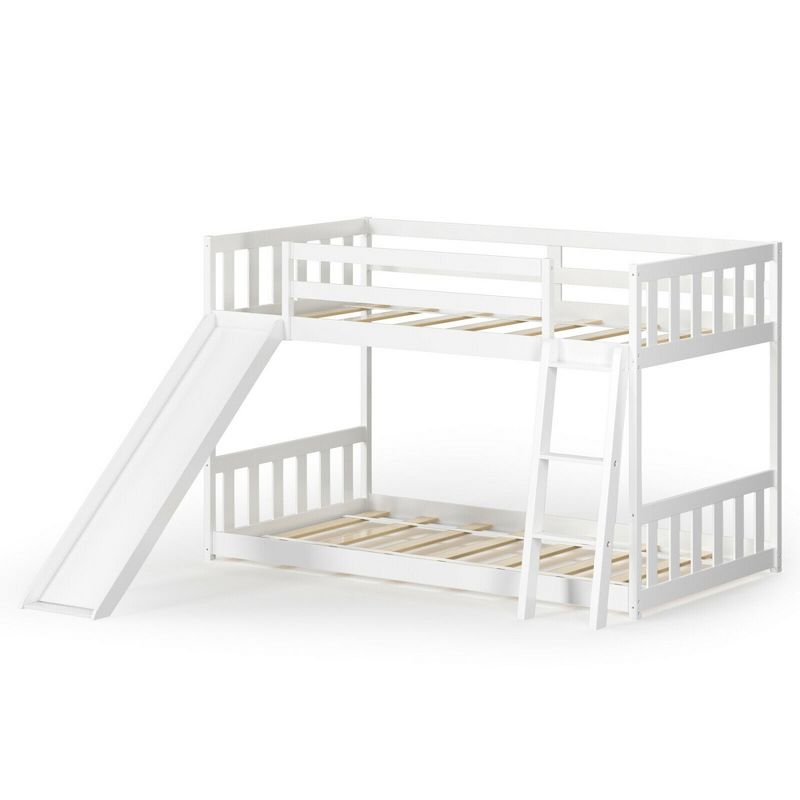 Costway Twin over Twin Bunk Wooden Low Bed with Slide Ladder for Kids, 1 of 11