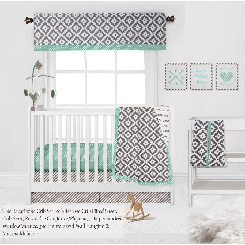 Bacati - Love Gray Mint 10 pc Crib Bedding Set with 2 Crib Fitted Sheets, 4 of 12