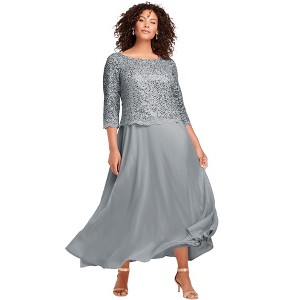 Roaman's Plus Size Sparkle Lace Popover A-Line Gown With 3/4 Sleeves - 1 of 4