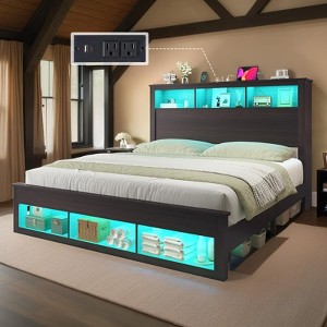 AMERLIFE Bed Frame with Drawers, LED, Bookcase Headboard, Charging, Shelves - 1 of 4