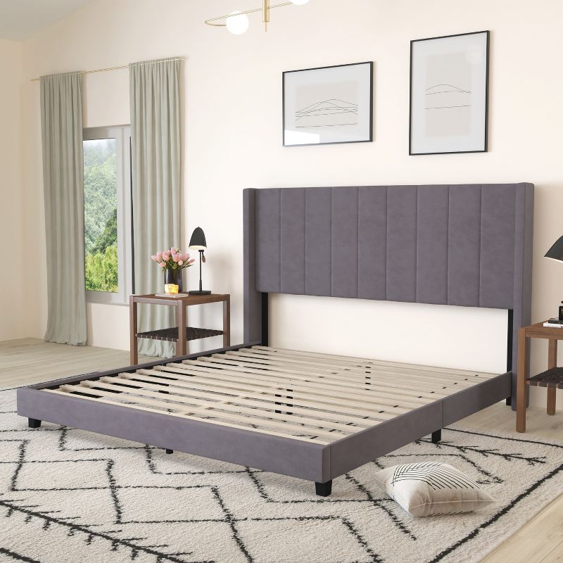 Merrick Lane Modern Upholstered Platform Bed Frame with Padded, Tufted Wingback Headboard and Wood Support Slats, No Box Spring Required, 4 of 10