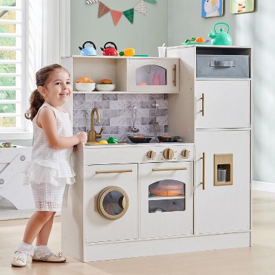 SinCiDo Wooden Kids Kitchen Playset w/Lights & Sounds, 3+Ages, 11 Piece Accessories, Oven, Ice Maker & Storage Box, Boys & Girls Toy