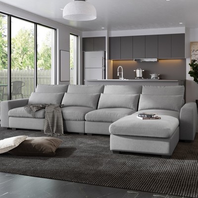 129.9" Modern Large L-Shape Sectional Sofa with Feather Filled Cushions and Reversible Chaise for Living Room