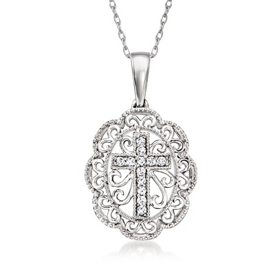 Ross-Simons 0.20 ct. t.w. Diamond Cross Filigree Pendant Necklace in Sterling Silver