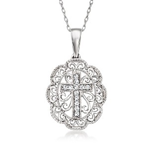 Ross-Simons 0.20 ct. t.w. Diamond Cross Filigree Pendant Necklace in Sterling Silver - 1 of 4