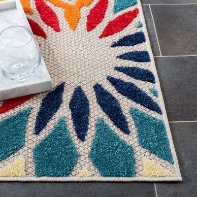 Ivory and Orange Floral Synthetic Square Rug, 7' x 7'