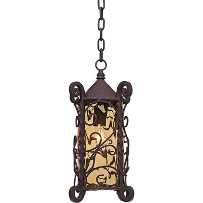 John Timberland Traditional Outdoor Light Hanging Dark Walnut Iron Scroll 15" Champagne Water Glass Damp Rated for Exterior Porch