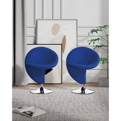 Curl Blue Wool and Polished Chrome Swivel Accent Chair Set