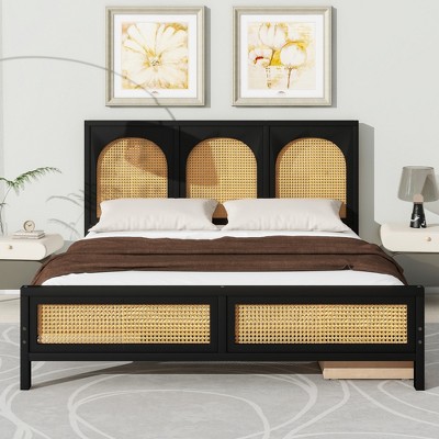 Whisen Queen Size Wood Storage Platform Bed with 2 Drawers, Rattan Headboard and Footboard - Black