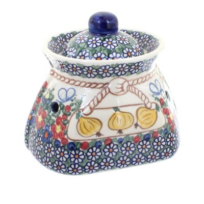 Blue Rose Polish Pottery Garden Butterfly Small Garlic Keeper