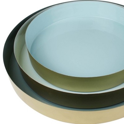 HomeRoots Set of Three Gold And Blue Round Metal Handmade Serving Trays