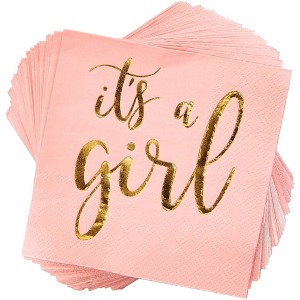 Sparkle and Bash 50 Pack It's a Girl Napkins for Baby Shower, Gold Foil Party Supplies, 3 Ply, 5x5 Inches - 1 of 4