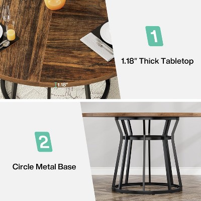 Brown Round Wood Dining Table with Black Metal Base, 47.2 Inch