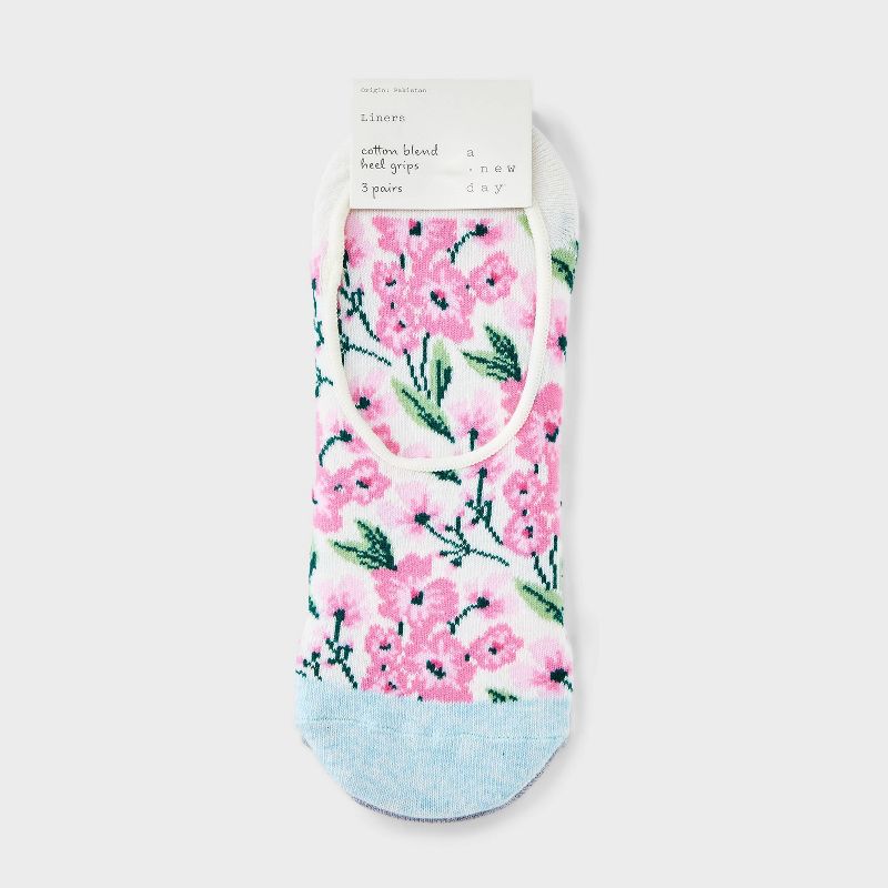 Women&#39;s 3pk Garden Floral Liner Socks - A New Day&#8482; Ivory/Gray/Pink 4-10, 3 of 5