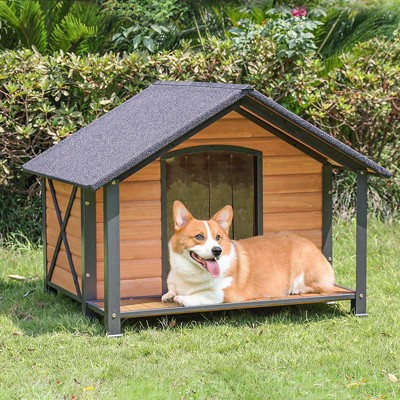 Large Brown Wooden Dog House with Metal Frame and Porch