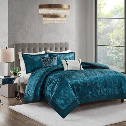 Madison Park 5pc Full queen Callaway Crinkle Velvet Comforter Set Dark Teal Green Luxury Bedding Hypoallergenic Target