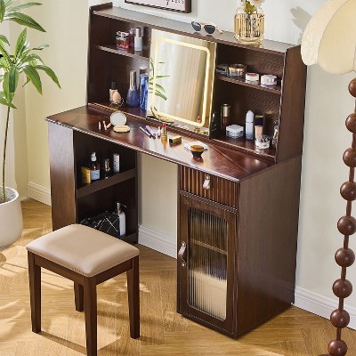 Homy Casa Vanity Table with LED Mirror Storage Hutch and Stool for Bedroom or Dressing Area, Walnut