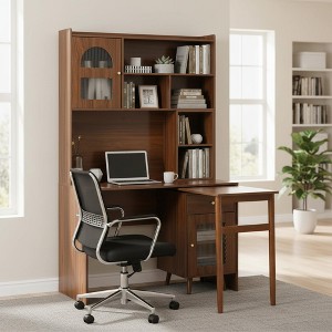 Homy Casa Desk with 90° Rotating Desktop and Storage Hutch for Home Office, Walnut - 1 of 4
