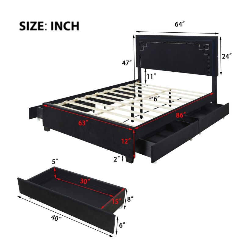 Queen Size Upholstered Platform Bed with Rivet-Decorated Headboard, LED Light and 4 Drawers - ModernLuxe, 3 of 13