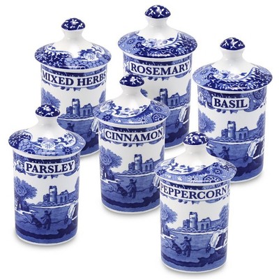 Spode Blue Italian Fine Porcelain Spice Jars, Set of 6