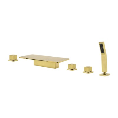 Cobbe Waterfall Bathroom Tub Faucet Set with 11.02-Inch Wide Bathtub Spout, Hand Shower and Water Inlet 5 Hole Installation Brushed Gold