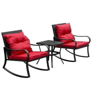 ORRD 2-Person Outdoor Rocking Chair Set with Cushions & Table | All-Weather PE Wicker & Steel Patio Conversation Set,Red - 1 of 4