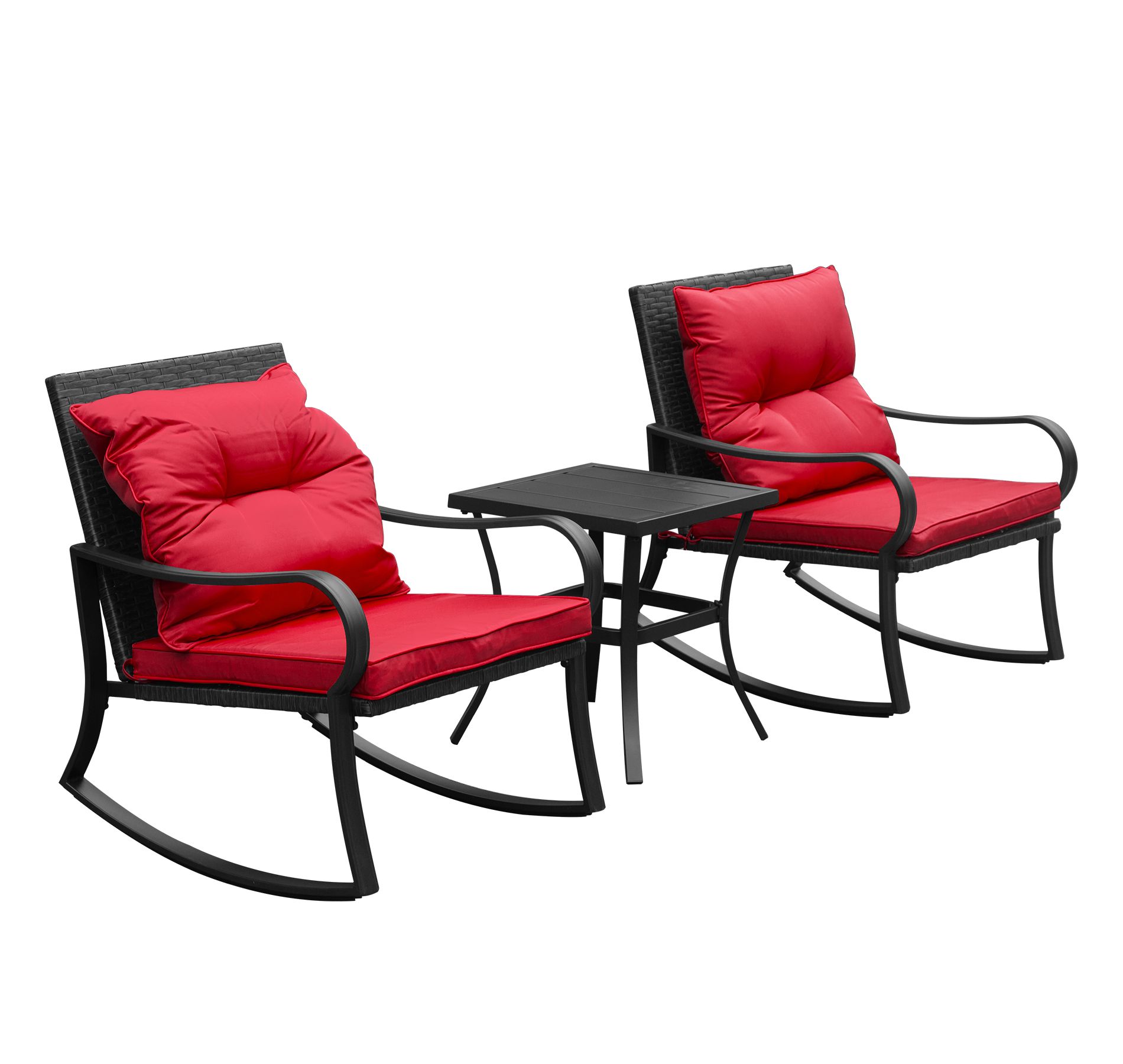 ORRD 2-Person Outdoor Rocking Chair Set with Cushions & Table | All-Weather PE Wicker & Steel Patio Conversation Set,Red