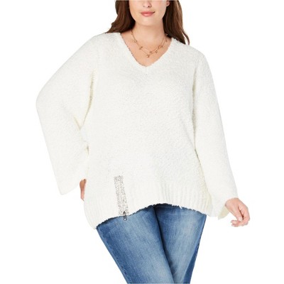I.N.C International Concepts Womens Rhinestone Zip Pullover Sweater, White, 3X