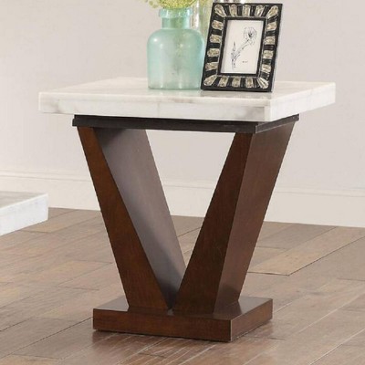 22" V-Base White Marble & Walnut Square End Table