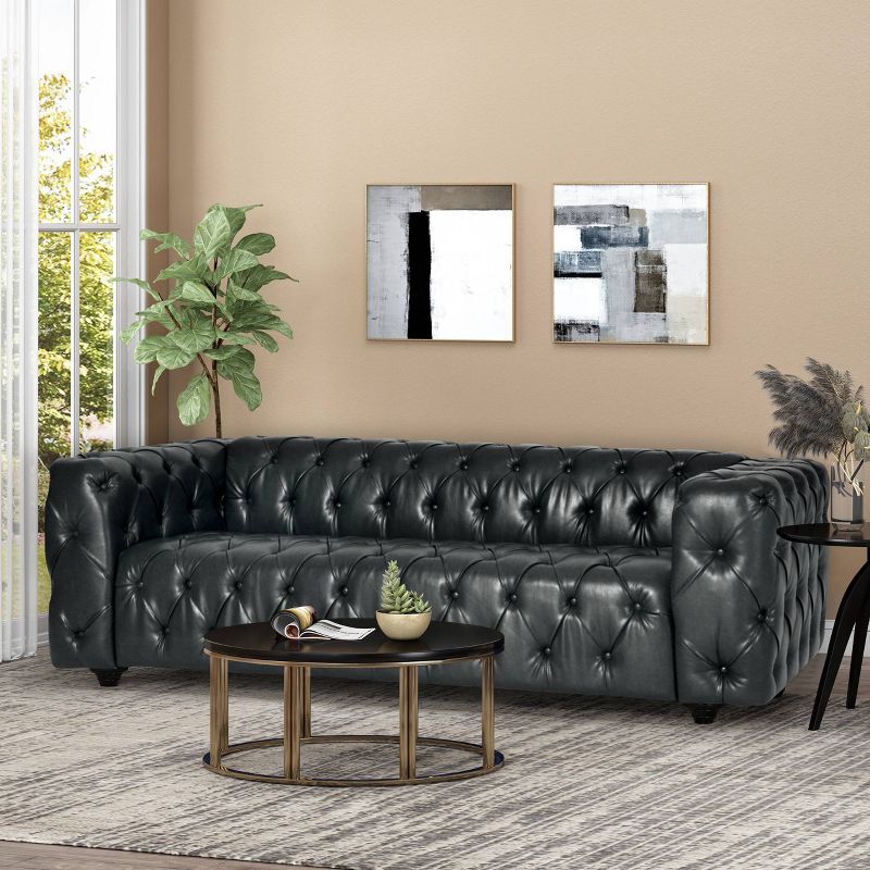 Sagewood Contemporary Faux Leather Tufted 3 Seater Sofa Midnight Black/Dark Brown - Christopher Knight Home, 3 of 12