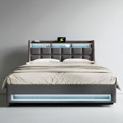 Queen Size Upholstered Platform Bed with LED Lights, USB Ports, Underbed Storage & Shelf, Linen Fabric, Natural Wood Finish