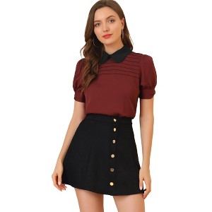 INSPIRE CHIC Women's Vintage Peter Pan Collar Contrast Puff Short Sleeve Blouse - 1 of 4