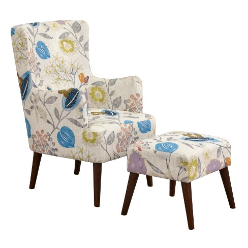 Jane Chair and Ottoman Floral Pop angelo HOME Contemporary Linen Upholstered Walnut Legs