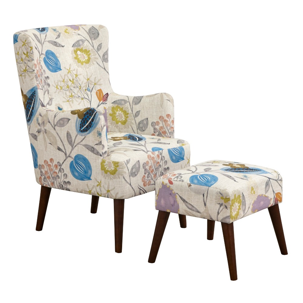 Jane Chair and Ottoman Floral Pop - angelo:HOME: Contemporary Linen Upholstered, Walnut Legs