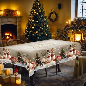 Christmas Tablecloth, Winter Snowman Christmas House Christmas Trees Tablecloth Washable Tablecloth for Party Picnic Dinner Decor - 1 of 4