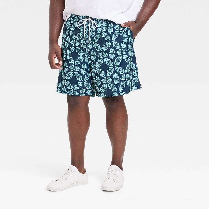 Men's 7" Leaf Print Swim Shorts with Boxer Brief Liner - Goodfellow & Co™ Navy Blue, 1 of 5