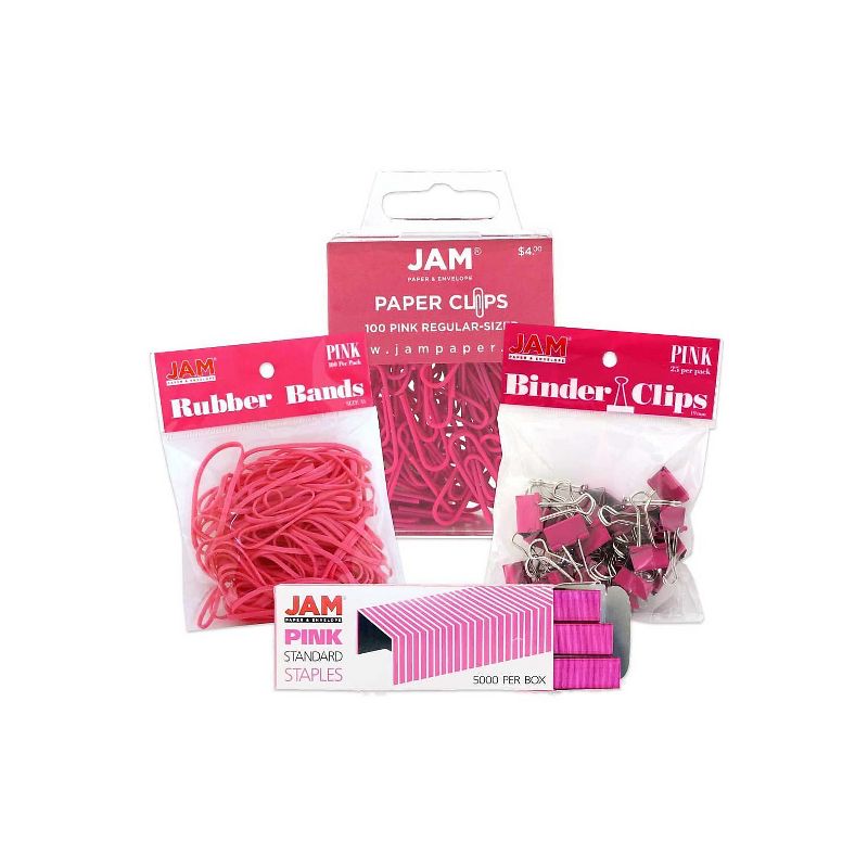 JAM Paper Desk Supply Assortment Pink 1 Rubber Bands 1 Small Binder Clips 1 Staples & 1 Small Paper, 1 of 3