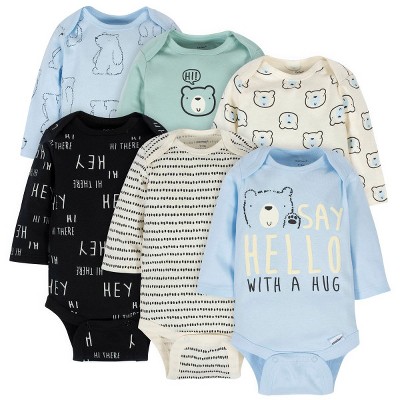 Image of Gerber Baby Boys' Long Sleeve Onesies Bodysuits, 6-pack, Bear